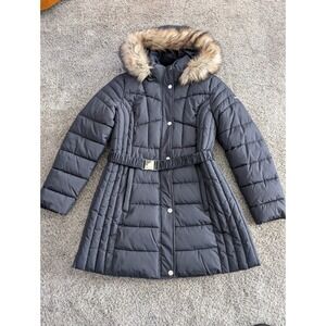 Laundry by Shelli Segal Women's Black‎ Puffer Coat Faux Fur Hood Belted Size L